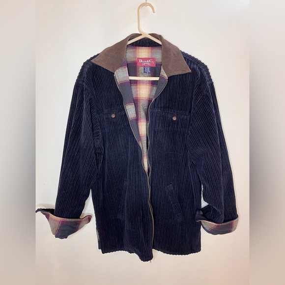 Denim & Co Vintage Corduroy Barn Coat Chore Jacket Navy Plaid Suede Collar Sz M - Picture 8 of 12